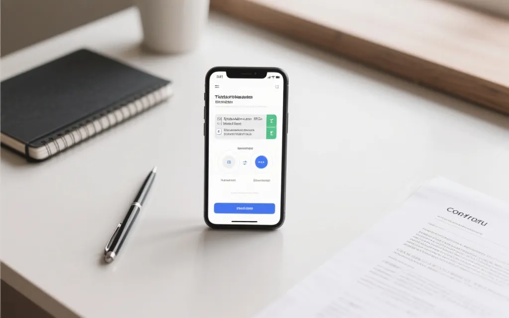 手机上展示购票核验流程与合同文件的静物画面