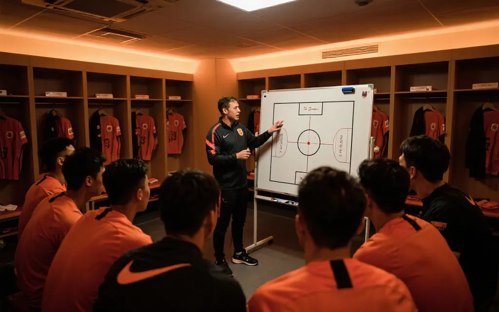 更衣室里教练在战术板前布置，球员围成一圈，氛围凝聚