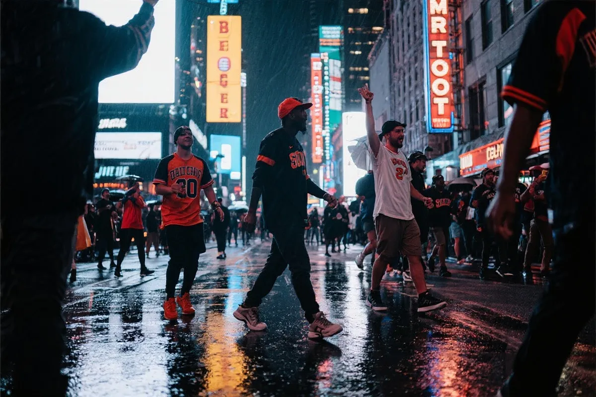 比赛日赛后的人群回到纽约夜晚街头，霓虹与雨后反光，球迷庆祝氛围