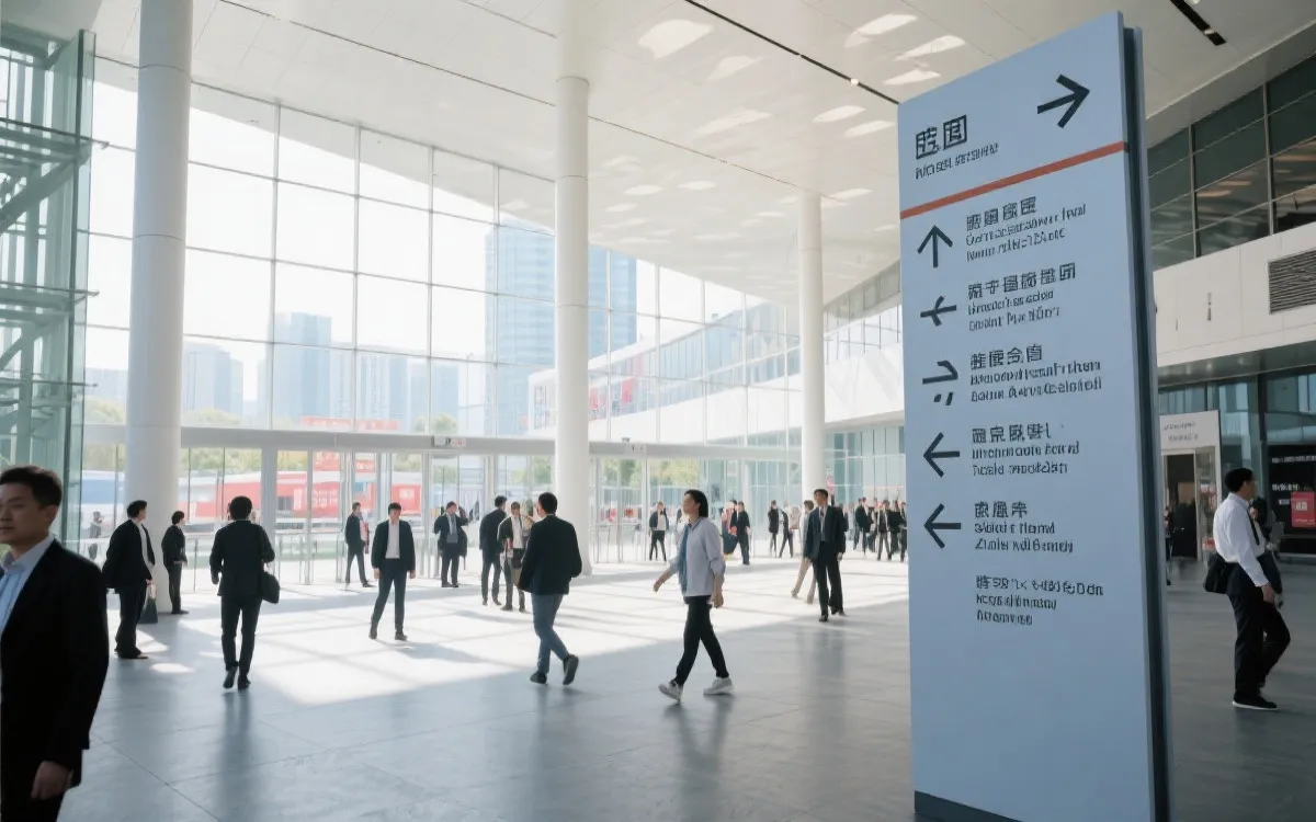 多语言指引的会展中心与城市公共交通节点，体现世界杯后会展承接能力