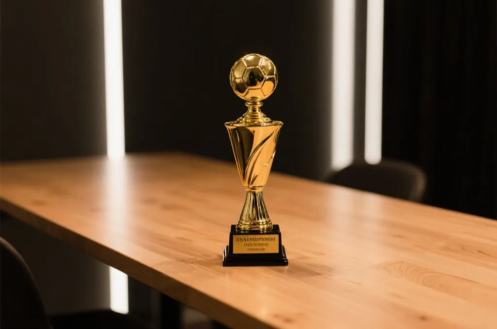 A generic golden sports championship trophy standing elegantly on a polished wooden table with clean backlighting